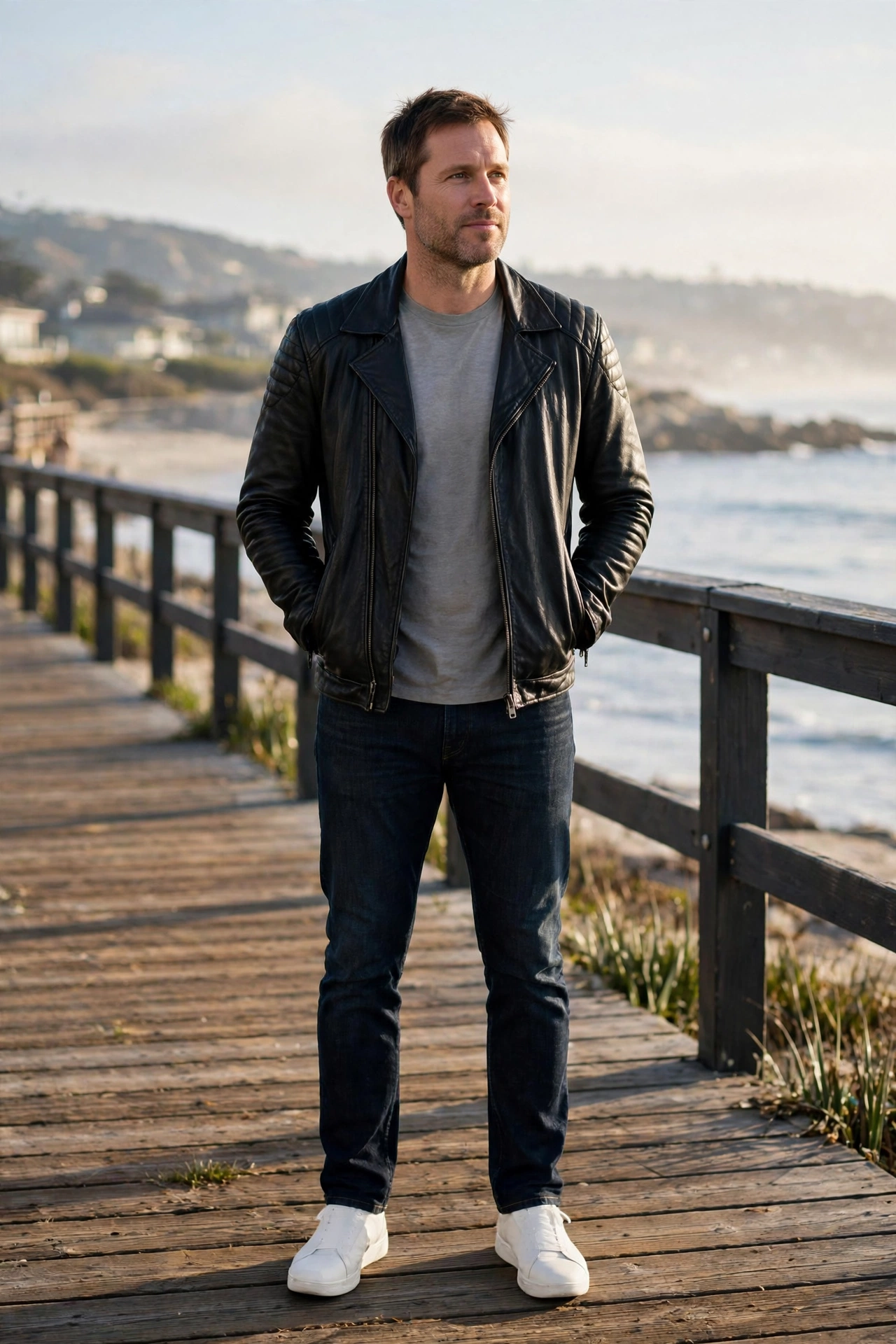 Leather jacket with white sneakers