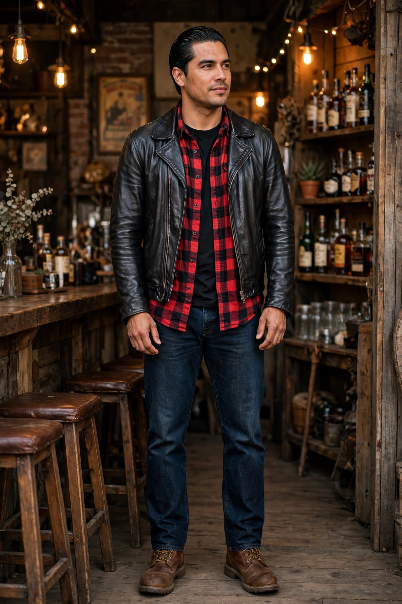 Black leather jacket with buffalo plaid flannel shirt