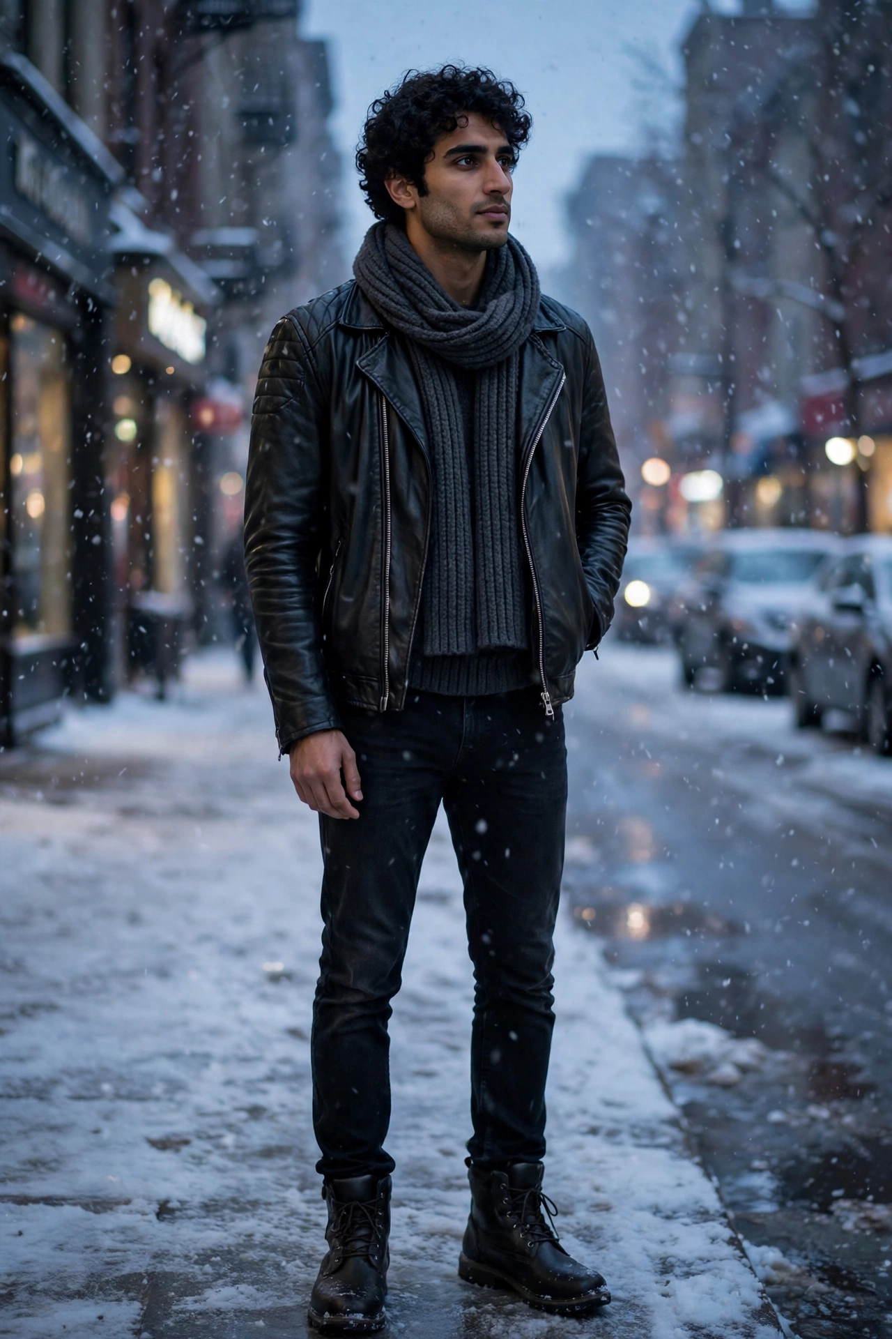 Black leather jacket with chunky knit scarf in winter