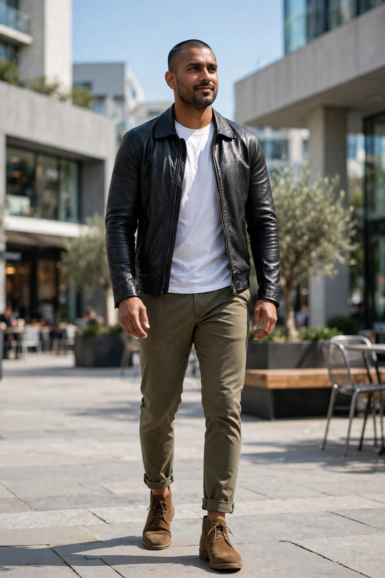 Black leather jacket with olive chinos and desert boots