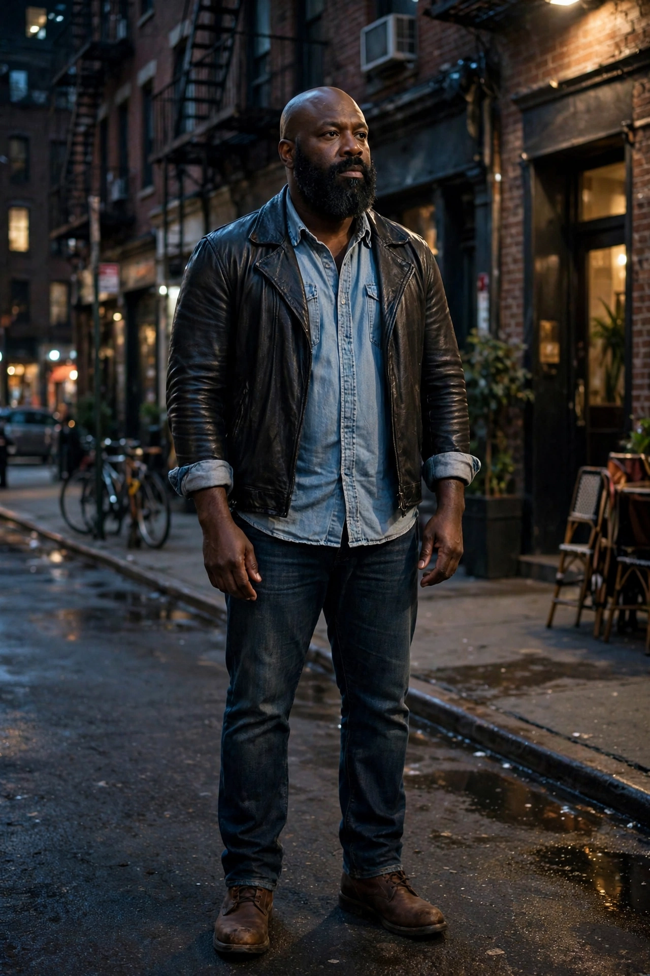 Black leather jacket over chambray denim shirt