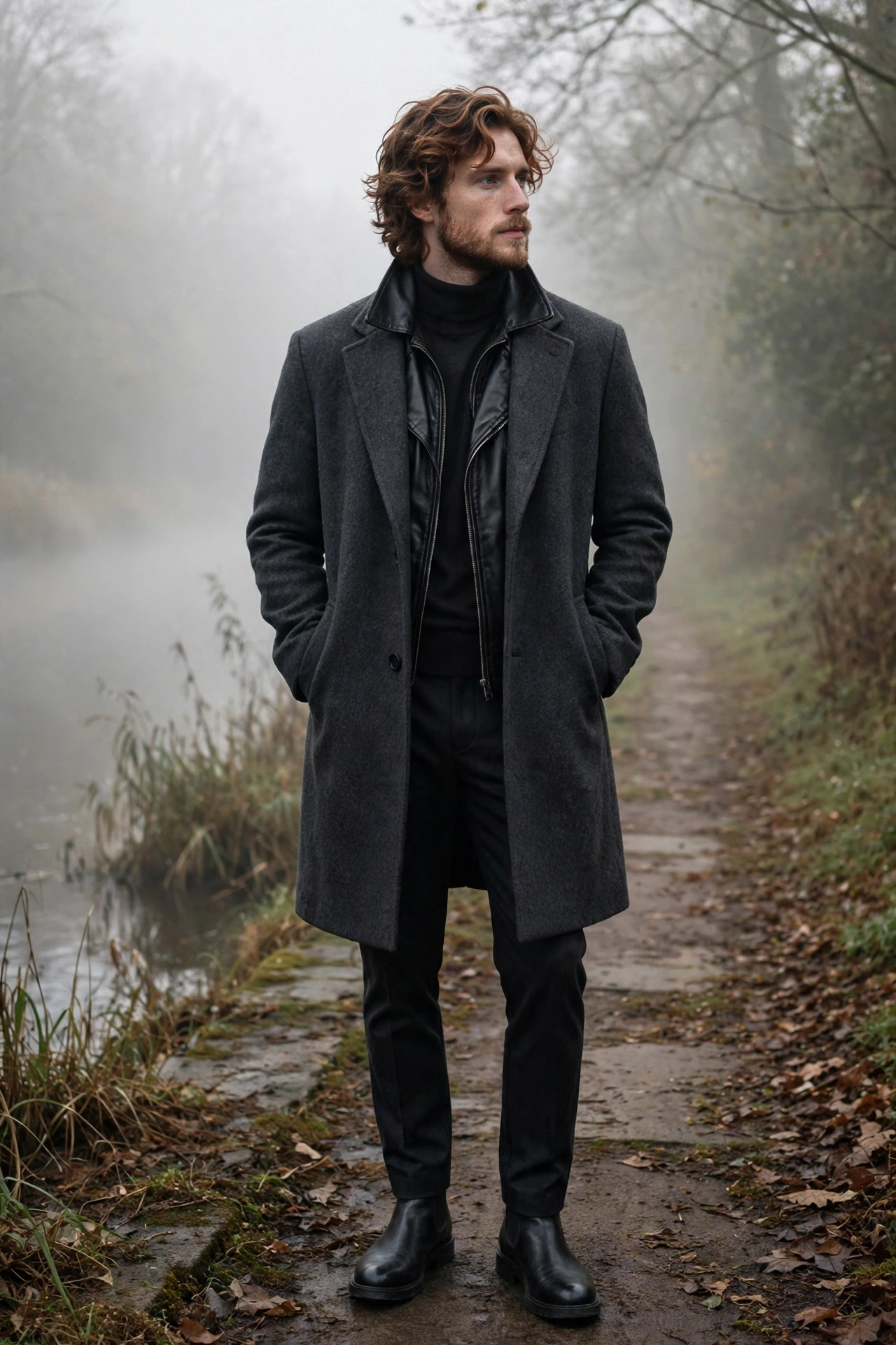Black leather jacket layered under wool overcoat