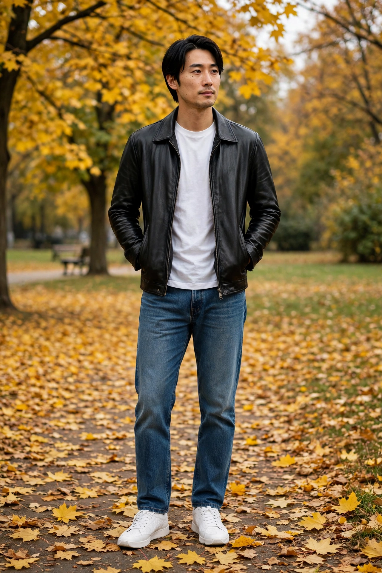 Leather jacket with white t-shirt and jeans