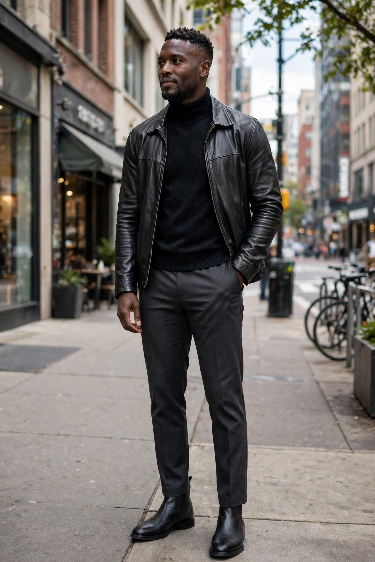 Leather jacket with turtleneck and trousers