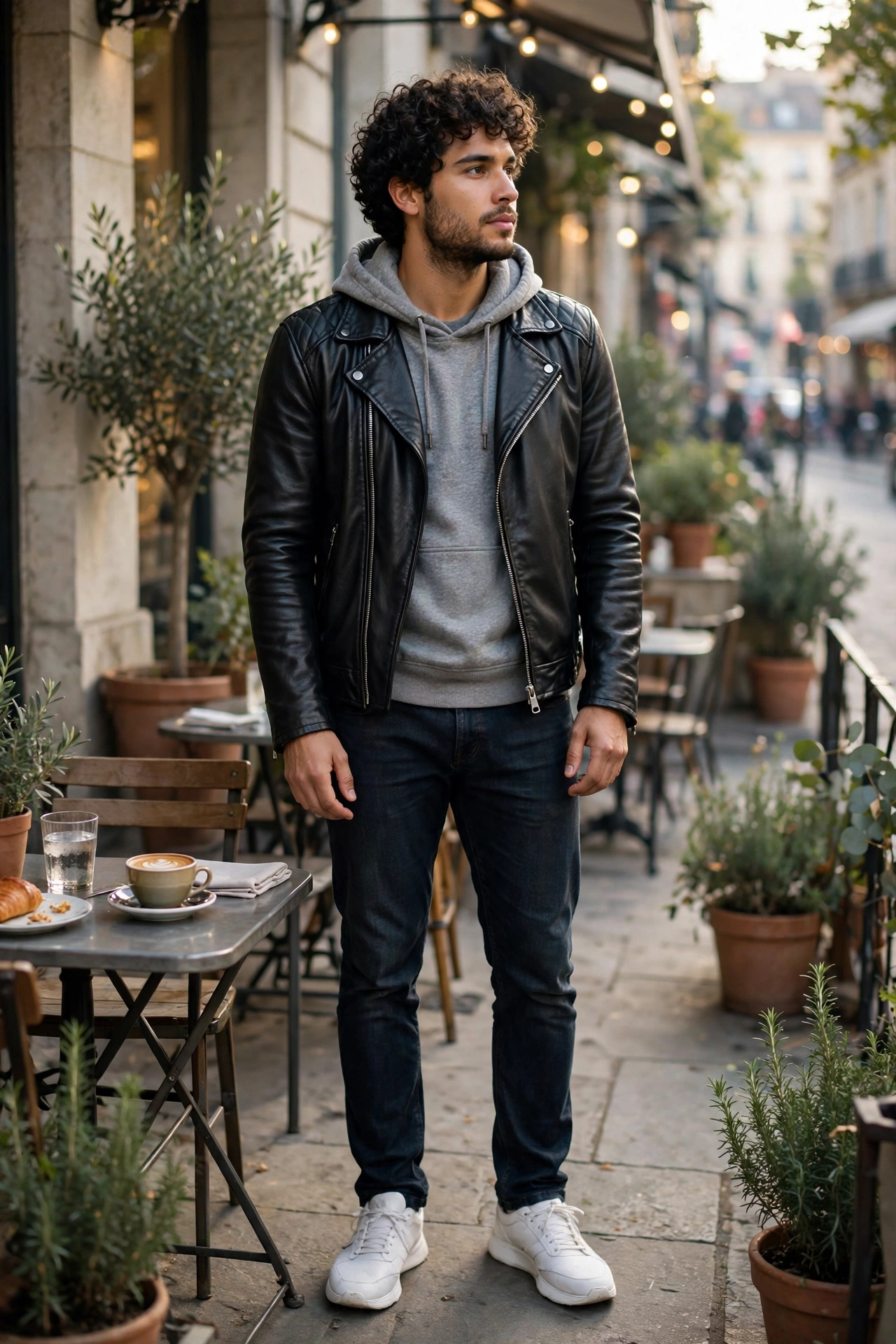 Leather jacket layered over hoodie