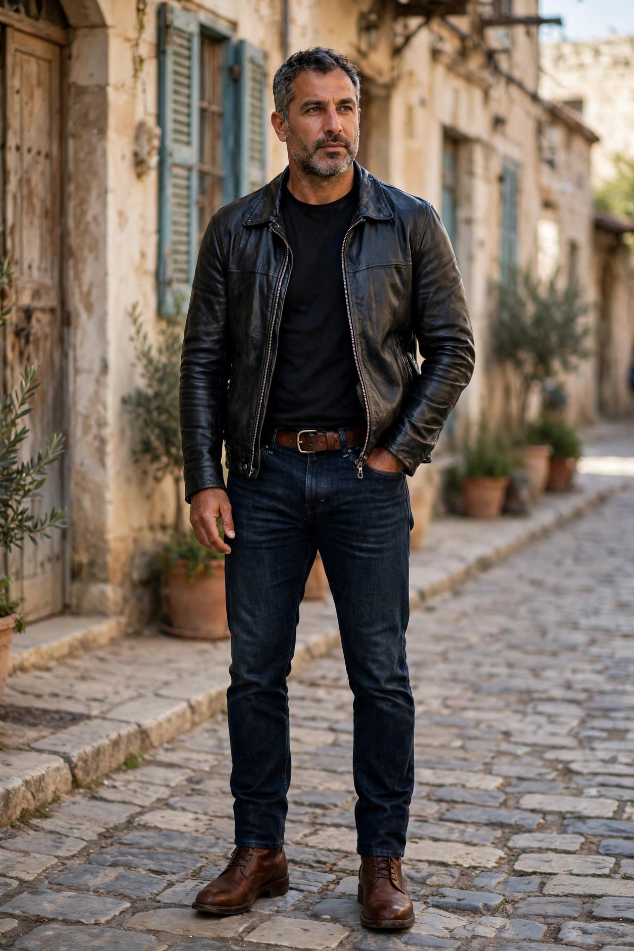 Leather jacket with brown boots