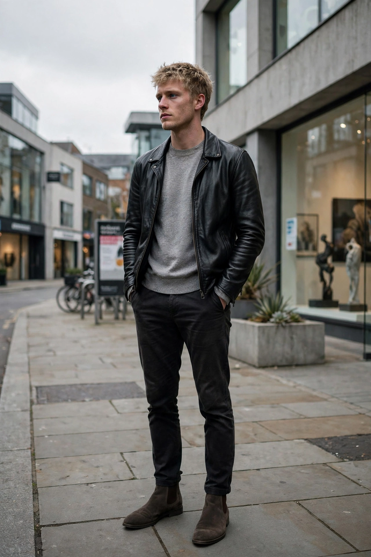 Leather jacket with grey sweater