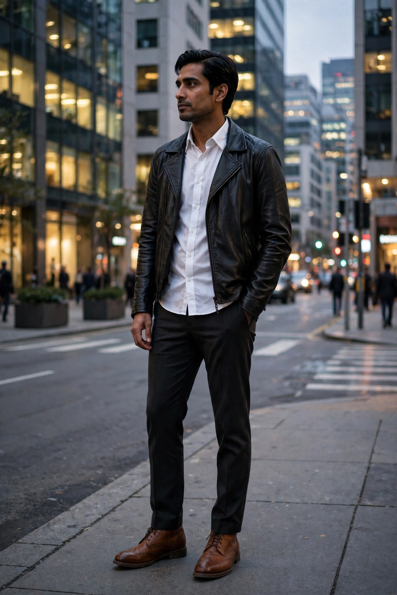 Leather jacket with button-down shirt