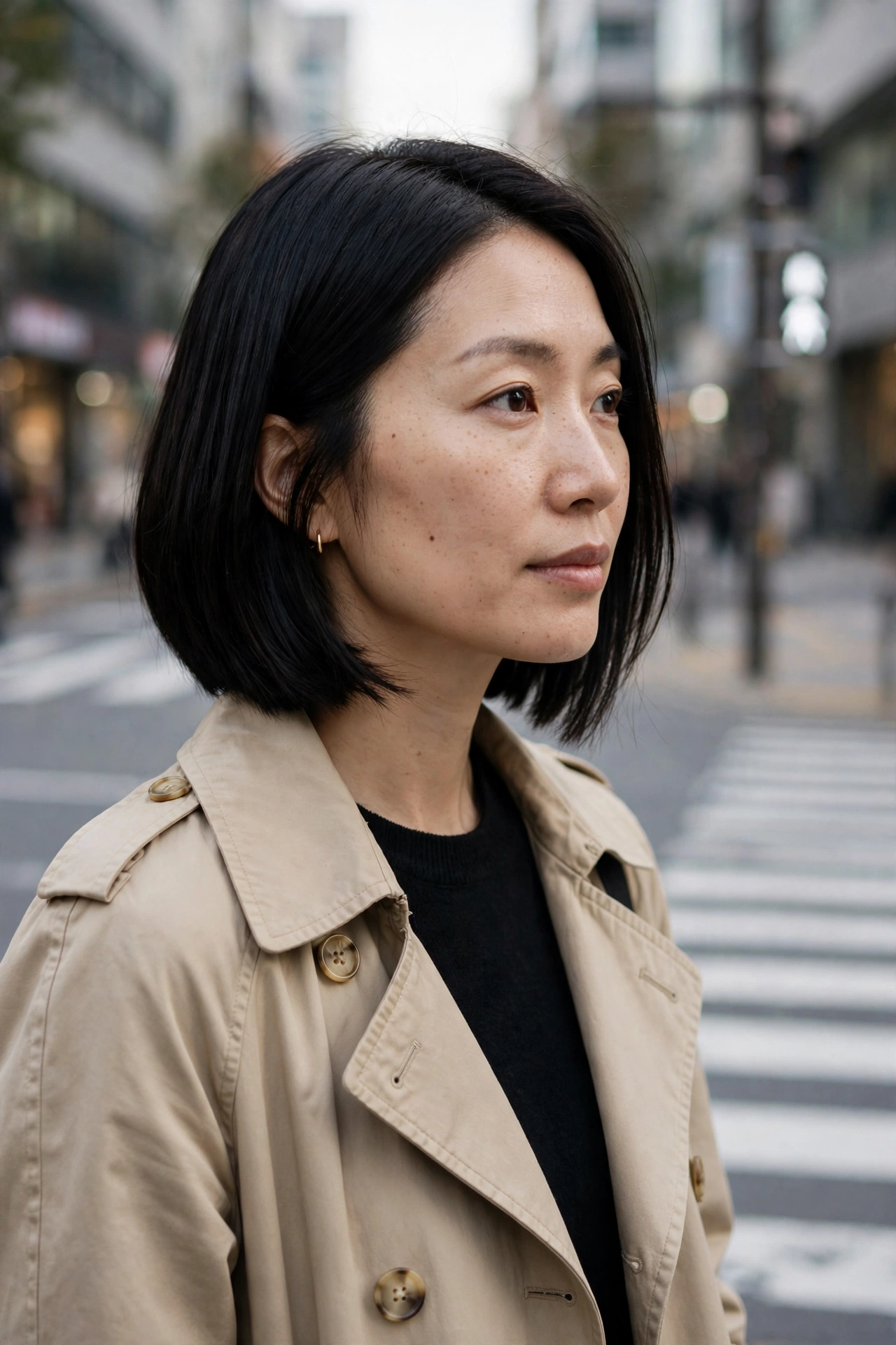 East Asian woman with a sleek black A-line bob at a city crosswalk