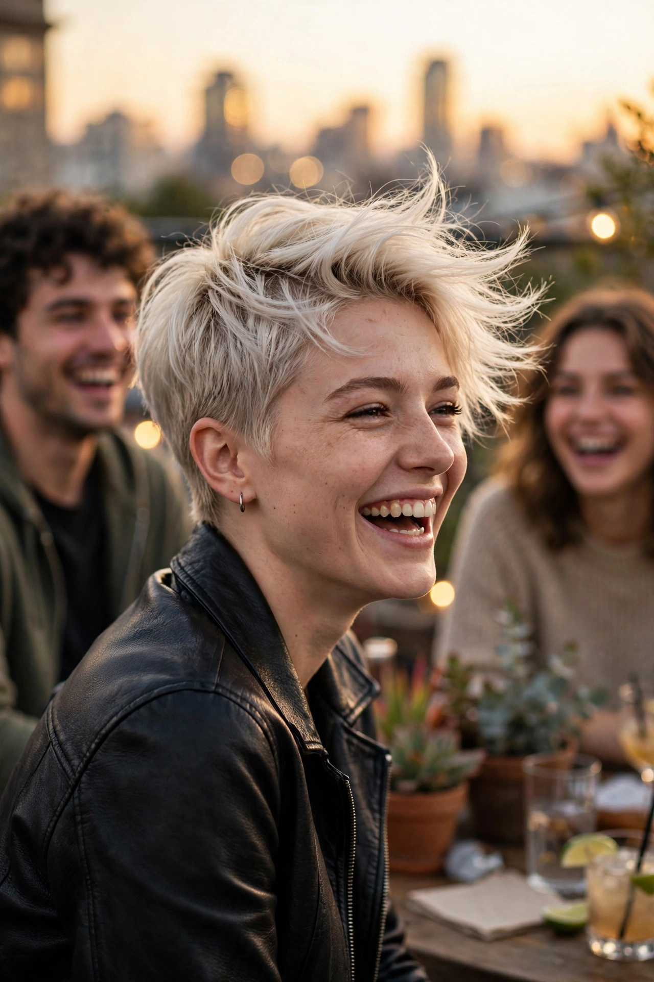 Young woman with a windswept platinum bixie at a rooftop gathering