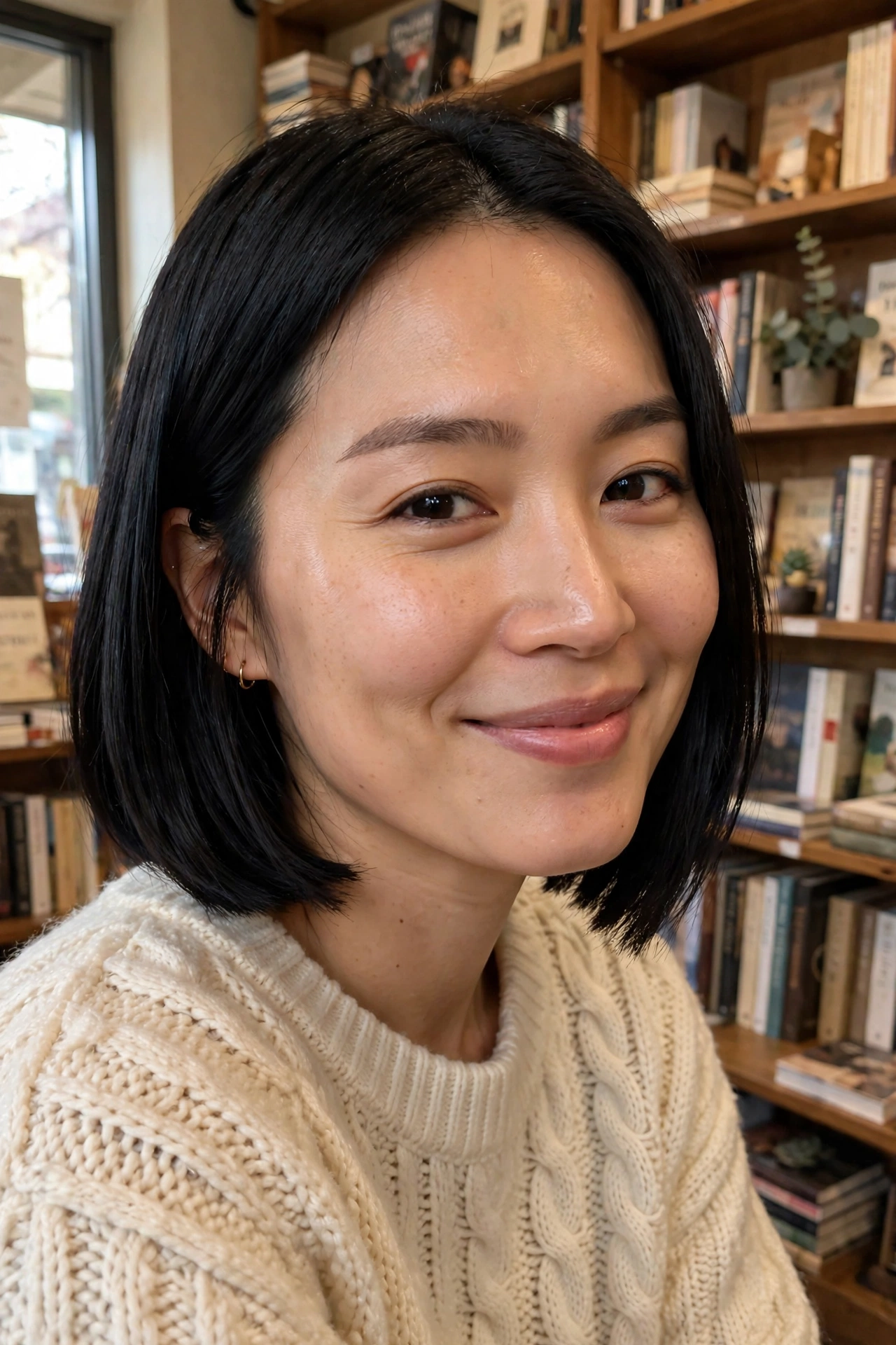 East Asian woman with a sleek jet-black blunt bob in a cozy bookstore