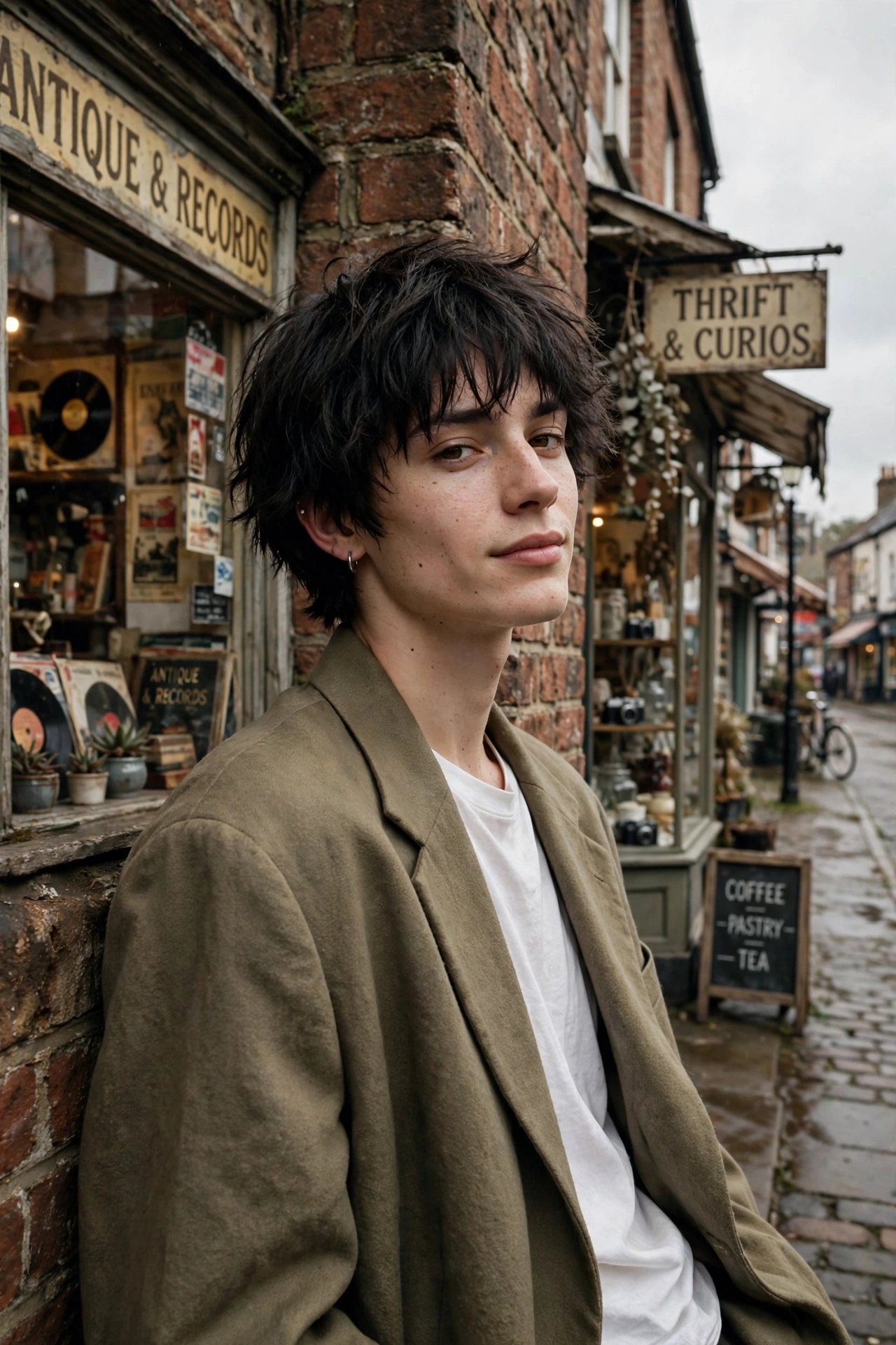Androgynous young person with a tousled boy bob against a brick wall