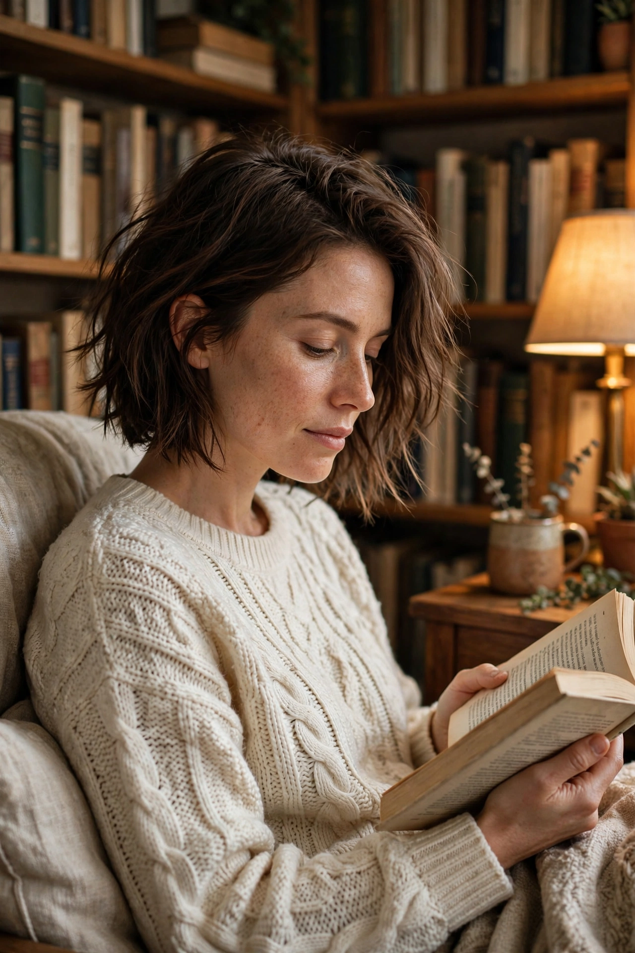 Woman with a relaxed boyfriend bob reading in a library corner