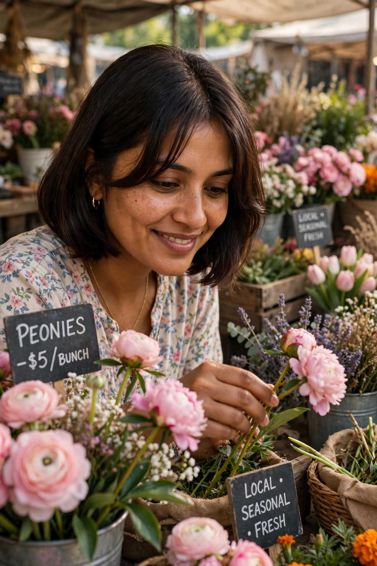 South Asian woman with a curtain-bang bob at a flower market