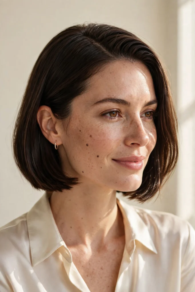 Woman with a glossy chin-length bob in soft window light