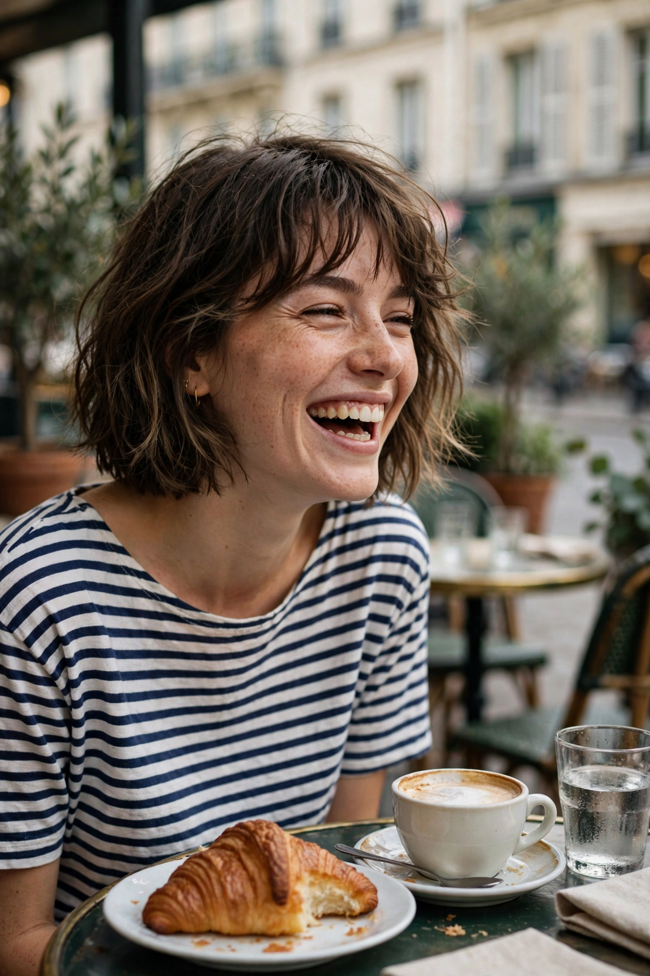 Young woman with a tousled French bob laughing at a Parisian cafe