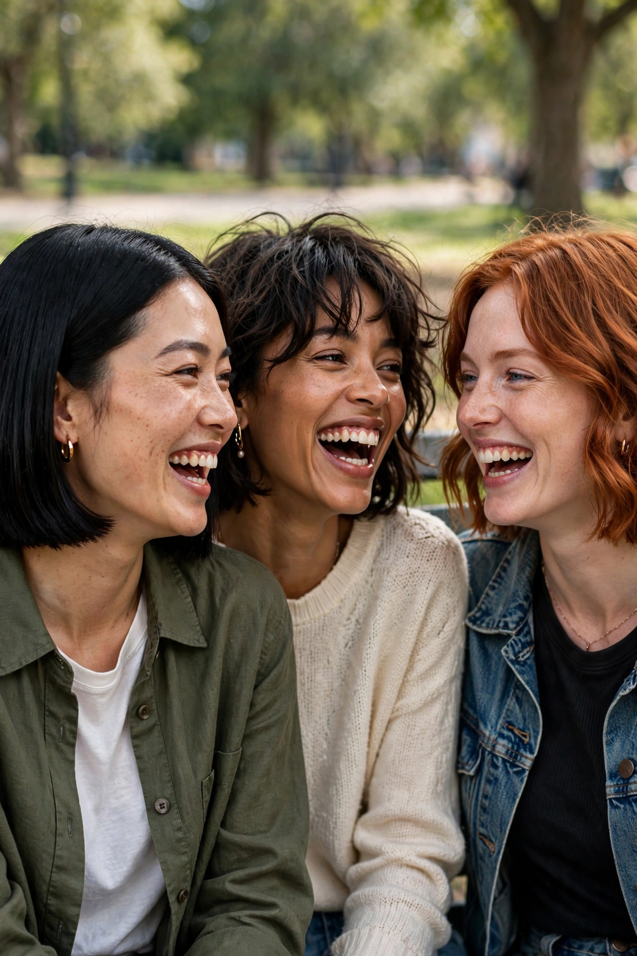 Three women with different bob hairstyles laughing together in a park