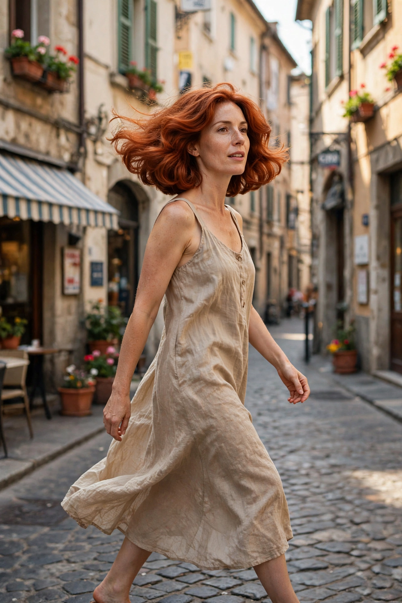 Woman with a voluminous copper Italian bob walking on a European street