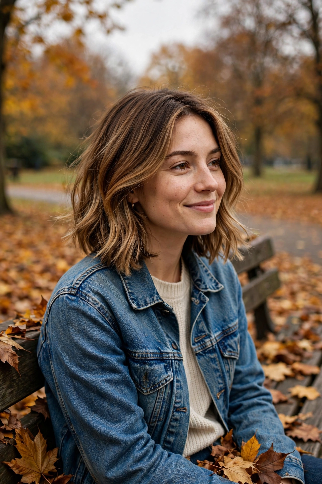 Young woman with a caramel balayage layered bob on a park bench in autumn