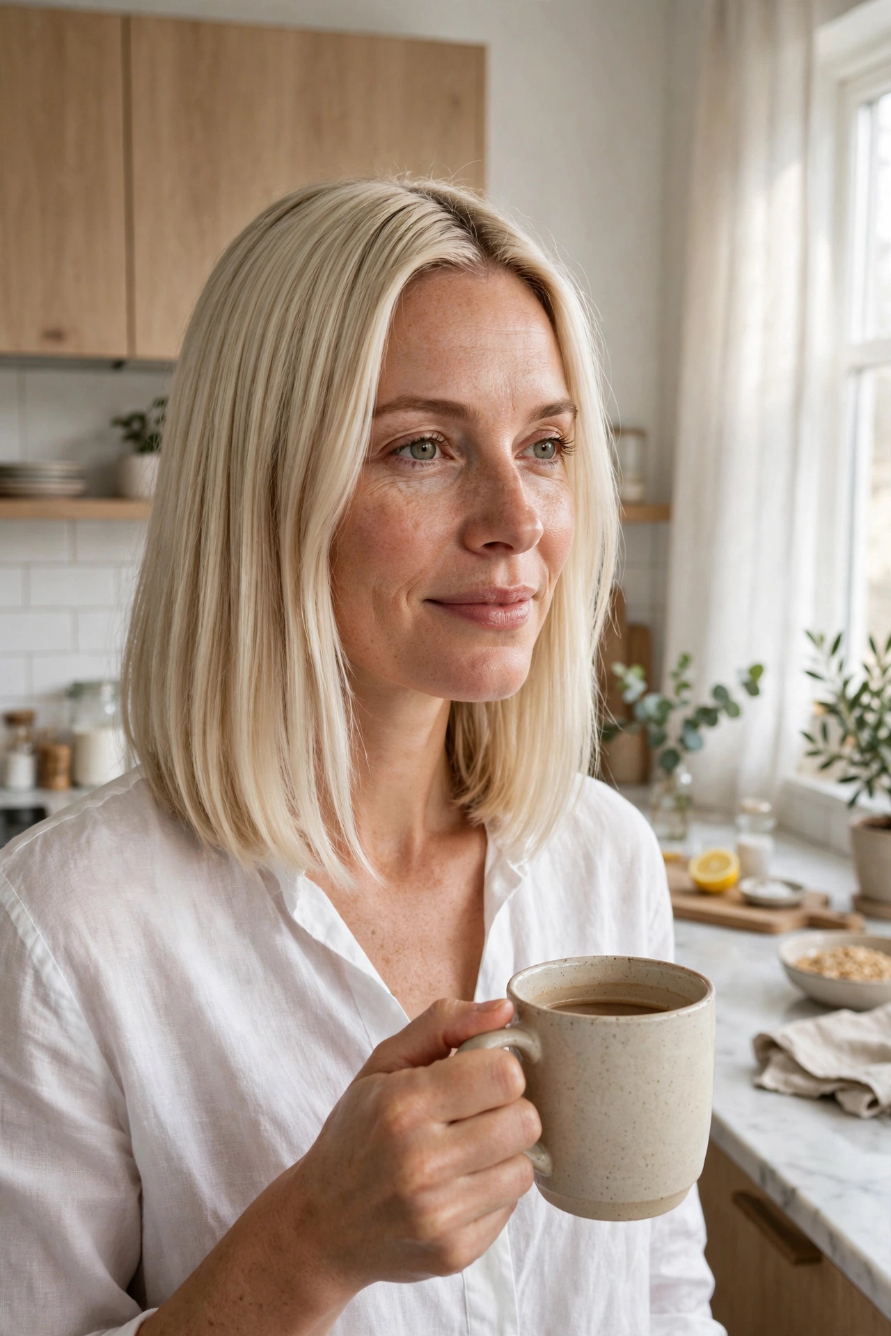 Blonde woman with a sleek platinum long bob in a bright kitchen