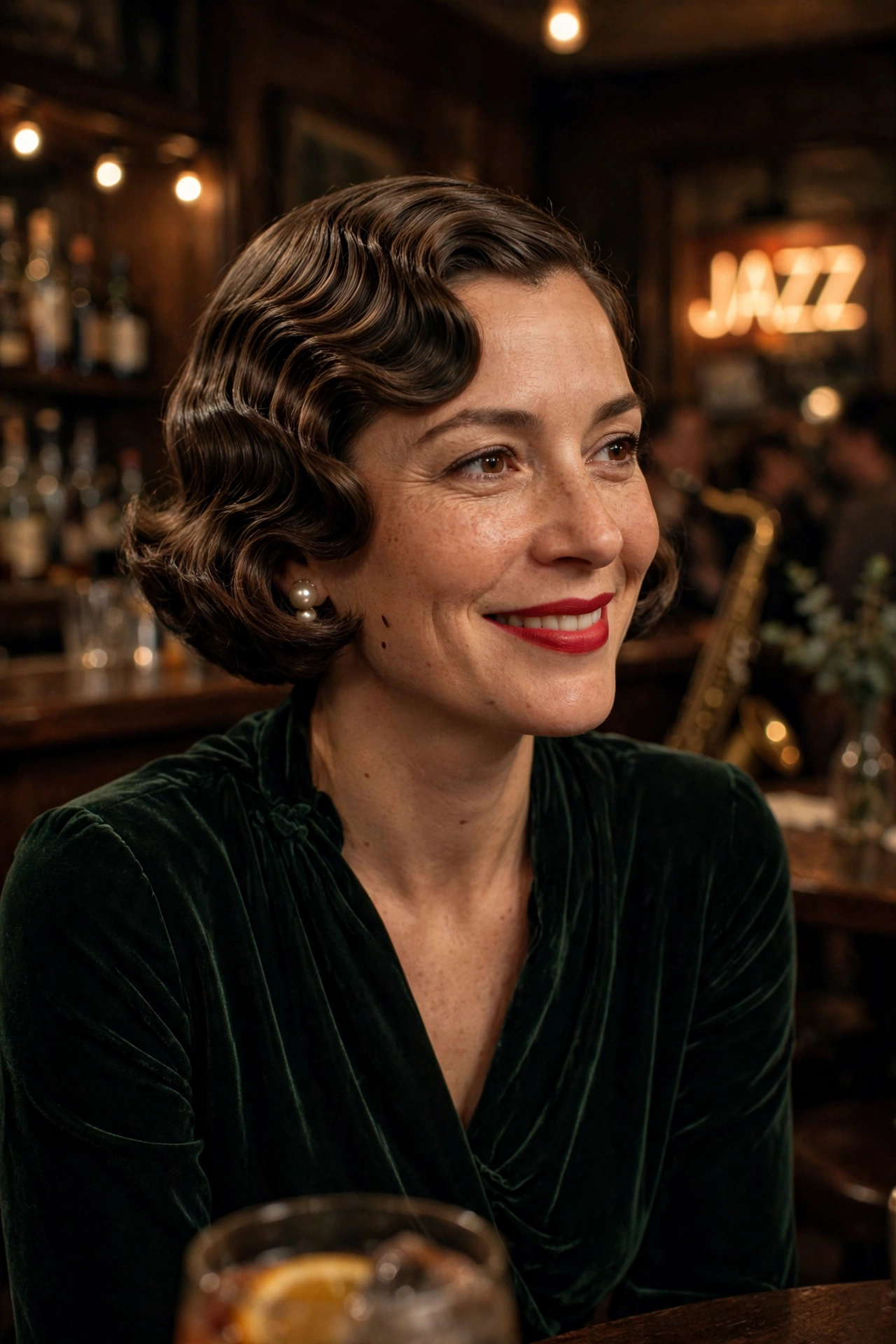 Woman with an Old Hollywood bob with vintage waves at a jazz bar