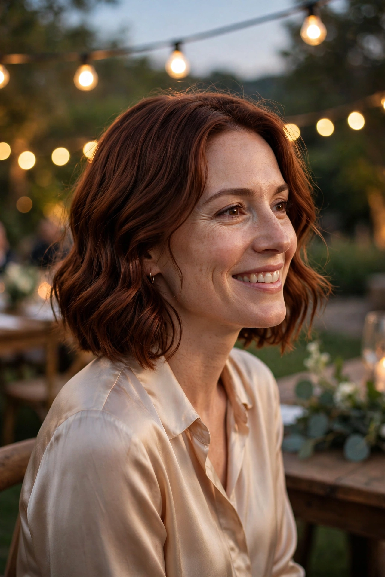 Woman with an auburn ripple bob at an outdoor wedding reception