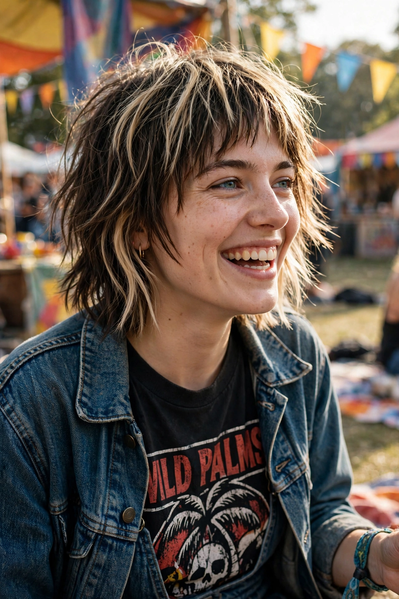 Young woman with a shaggy bob with blonde streaks at a music festival
