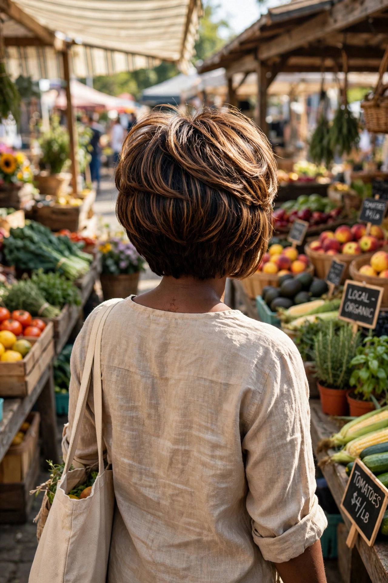 Back view of a Black woman with a stacked bob at a farmer’s market