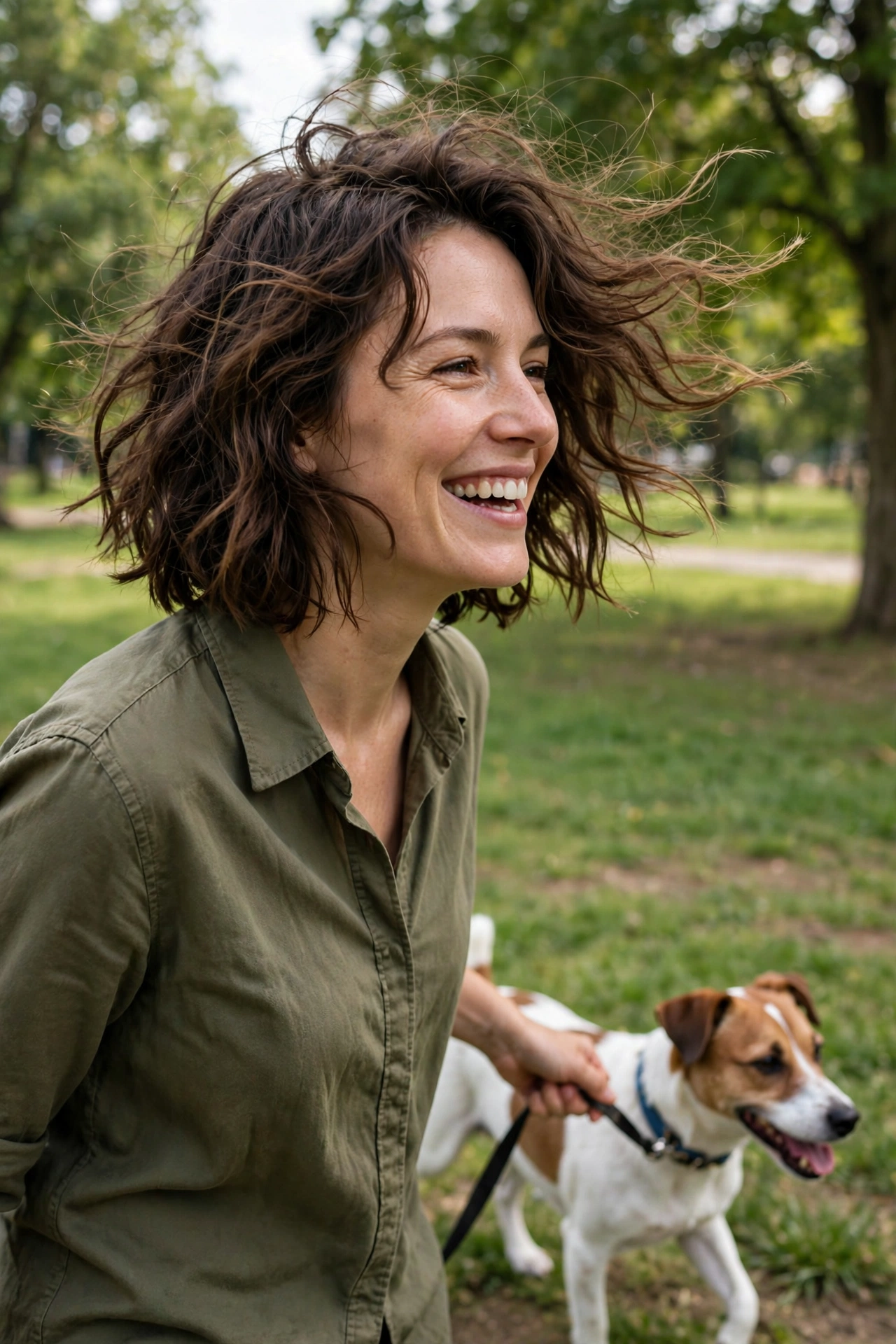 Woman with an undone wavy textured bob walking her dog in a park