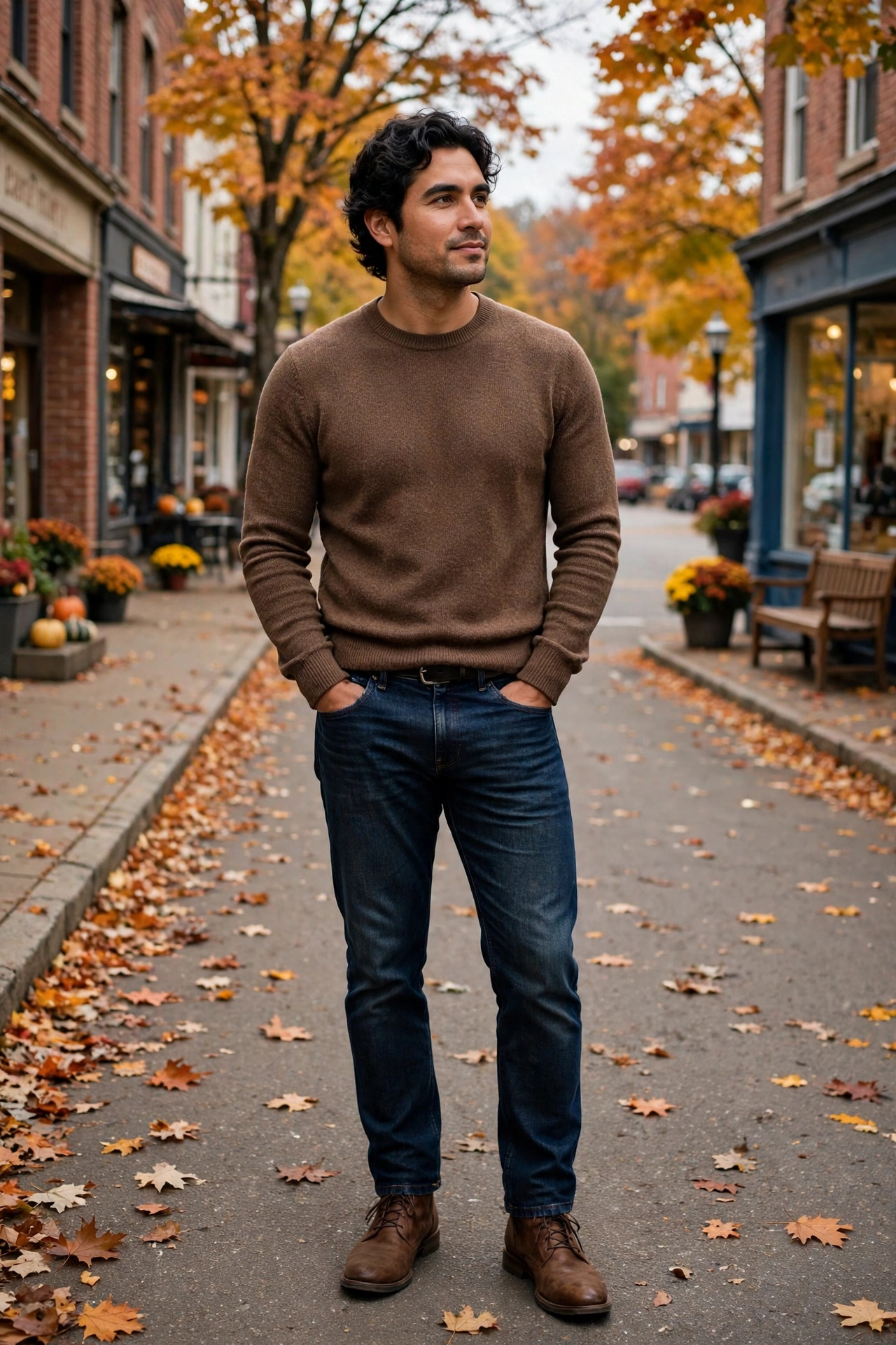 Brown crewneck sweater with jeans