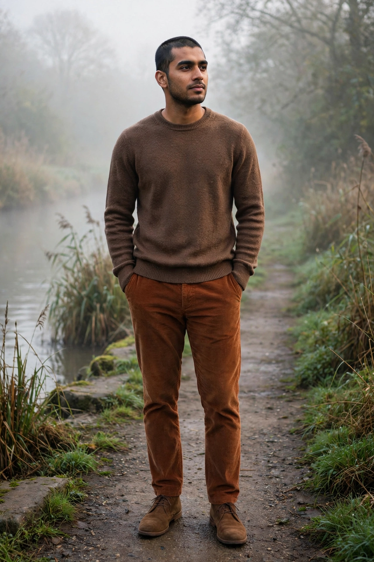 Brown sweater with rust corduroy trousers