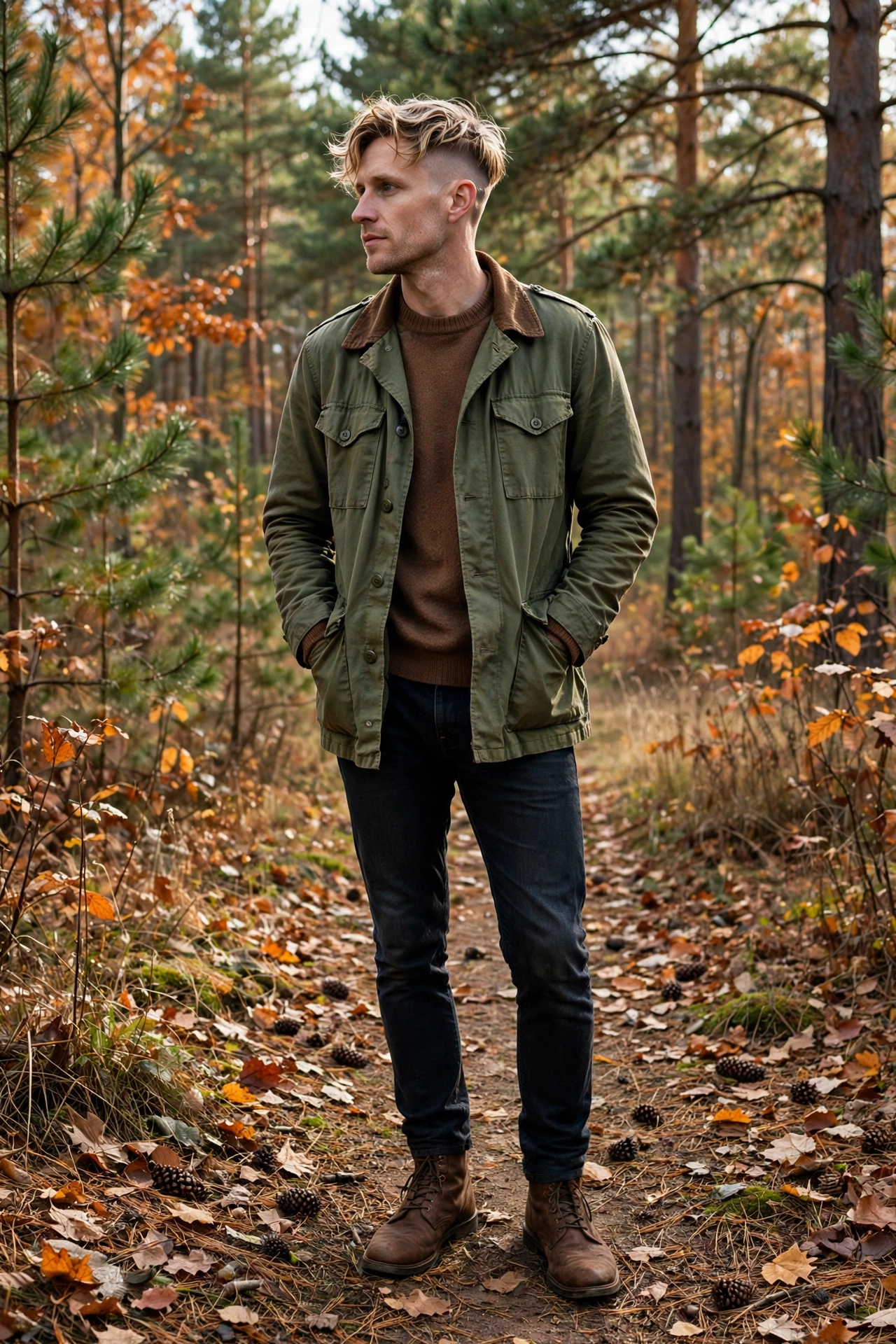 Brown sweater under olive field jacket