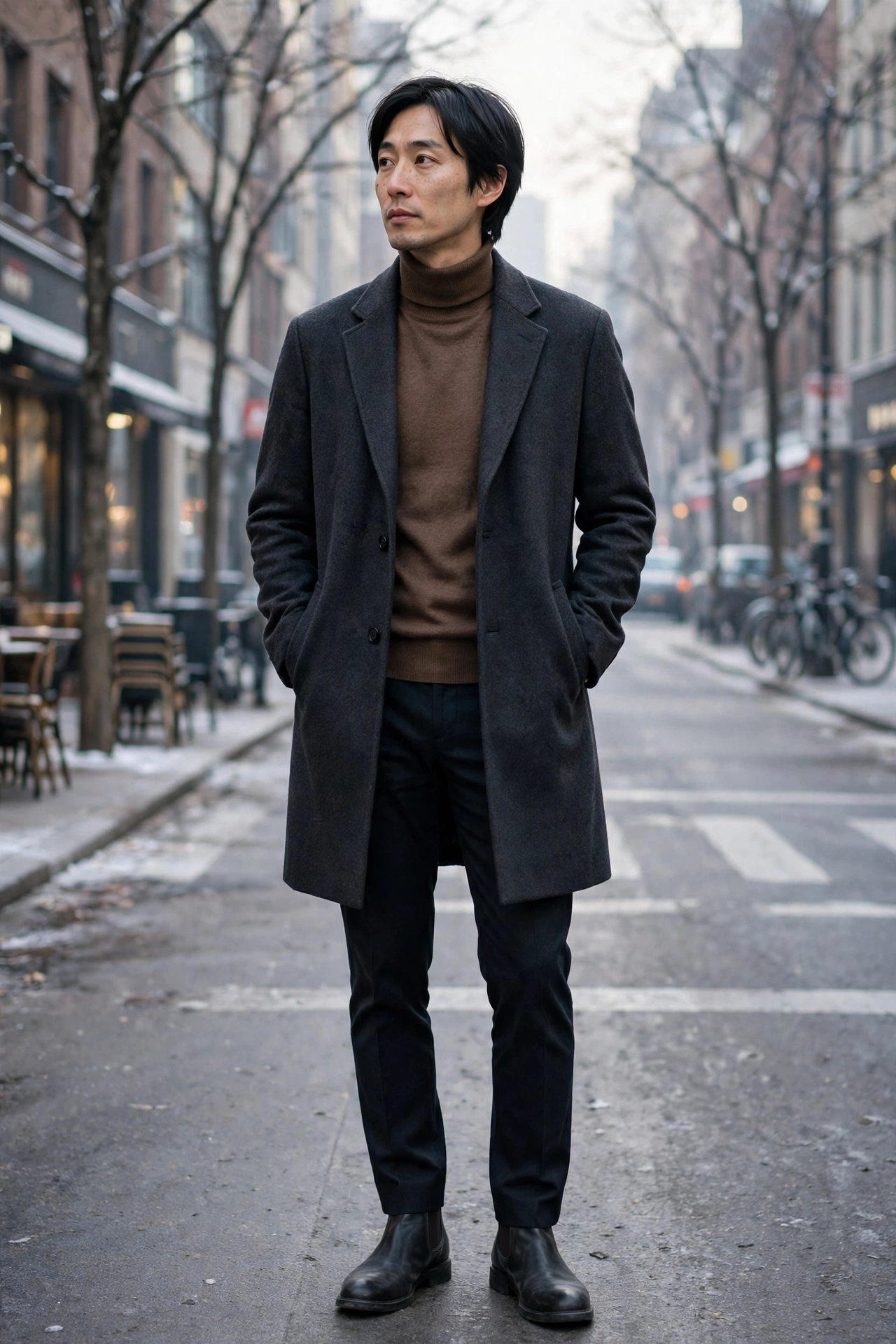 Brown turtleneck with overcoat