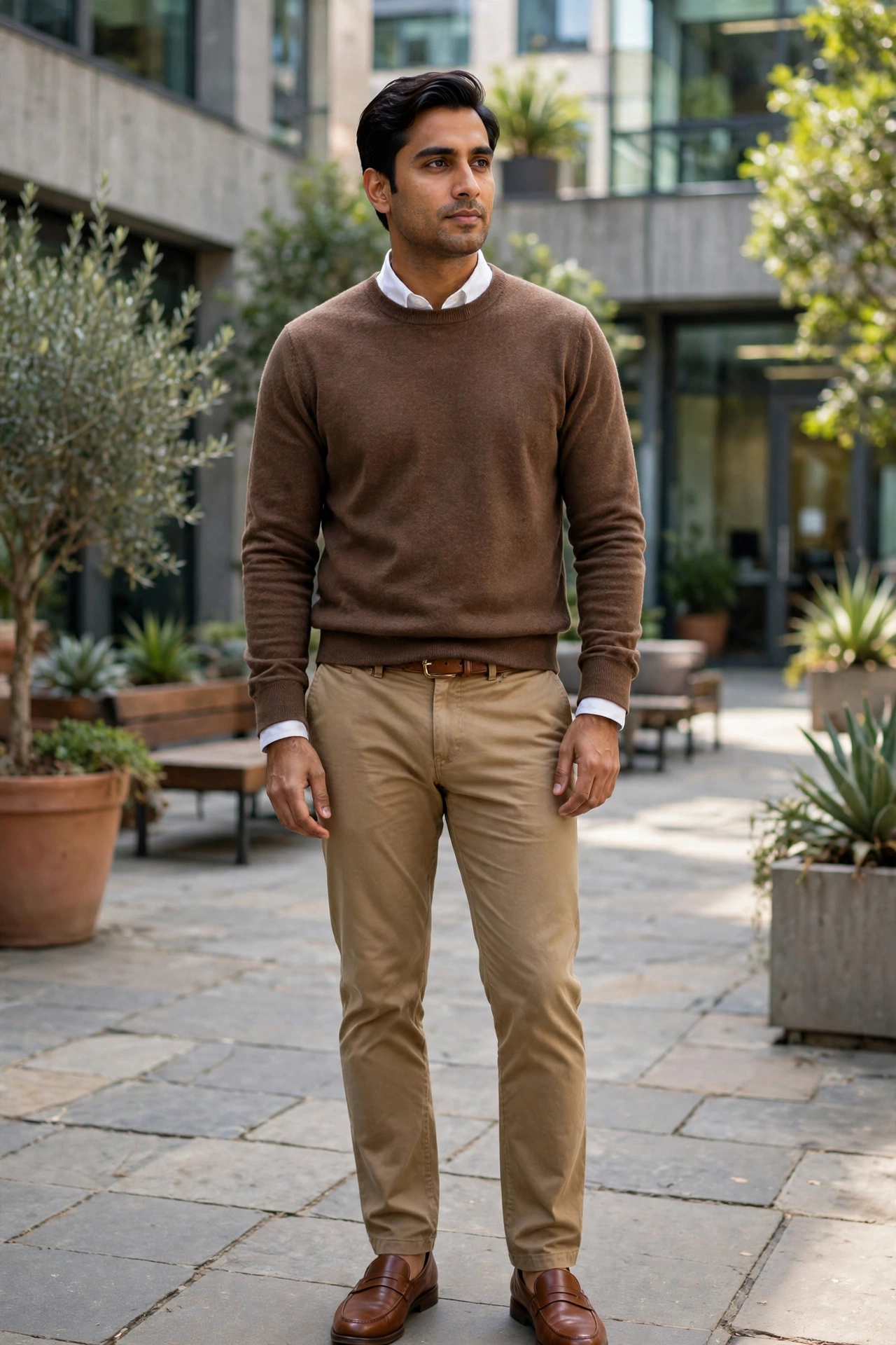 Brown sweater with white shirt underneath