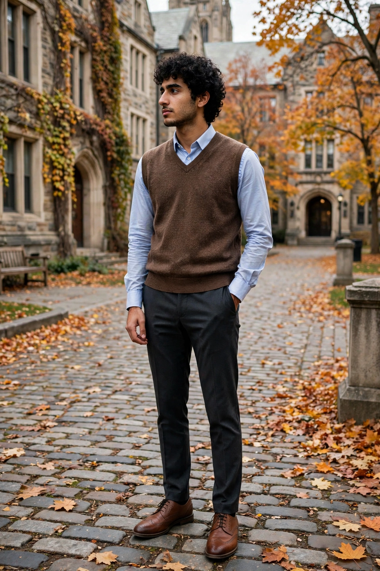 Brown sweater vest layered