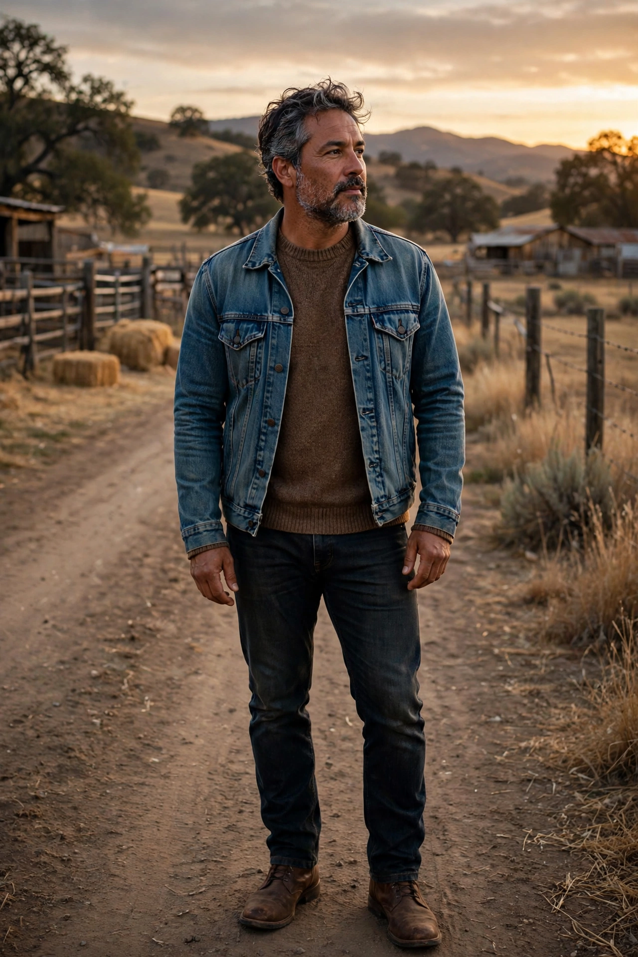 Brown sweater under denim jacket