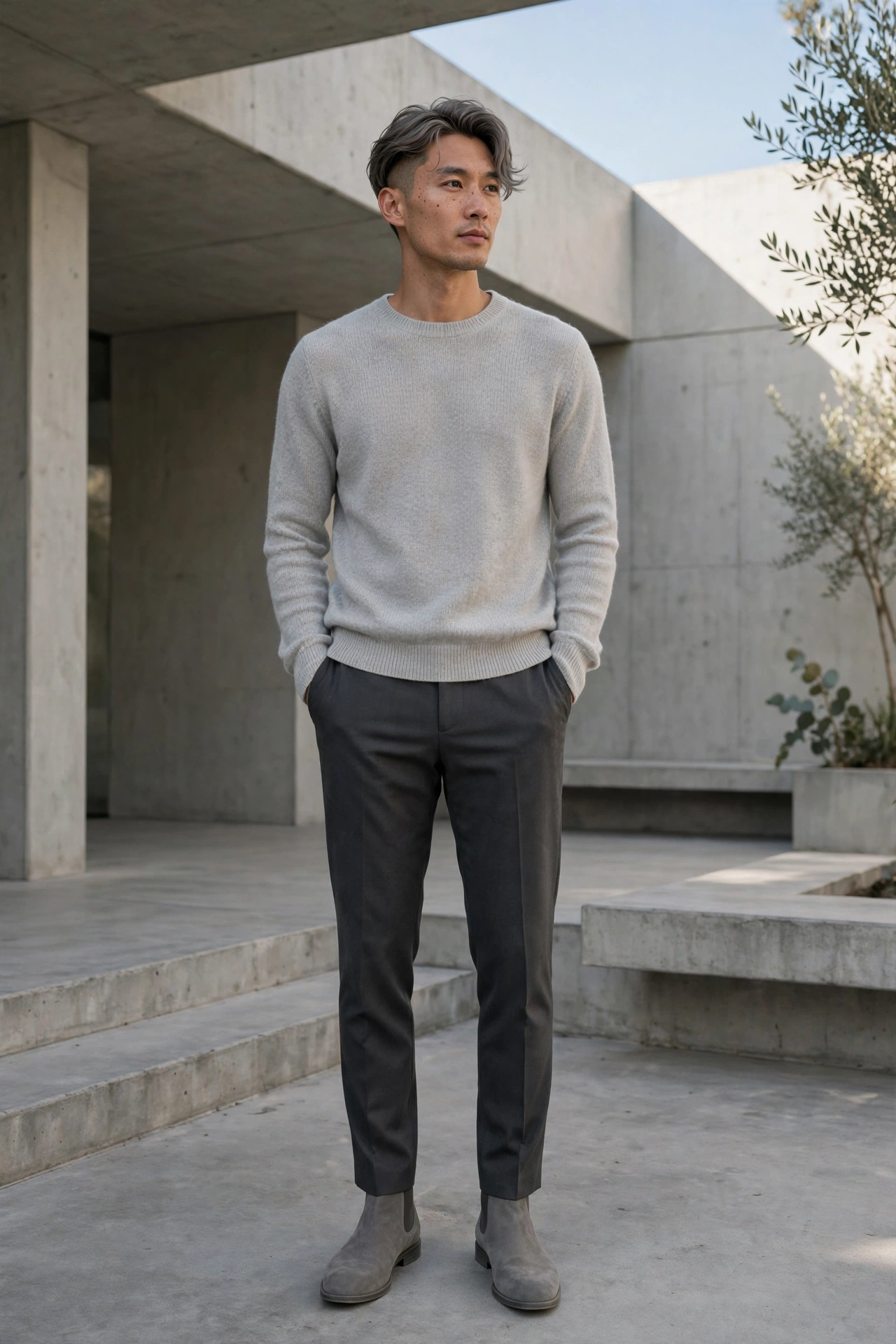 Monochrome minimalist chelsea boot outfit