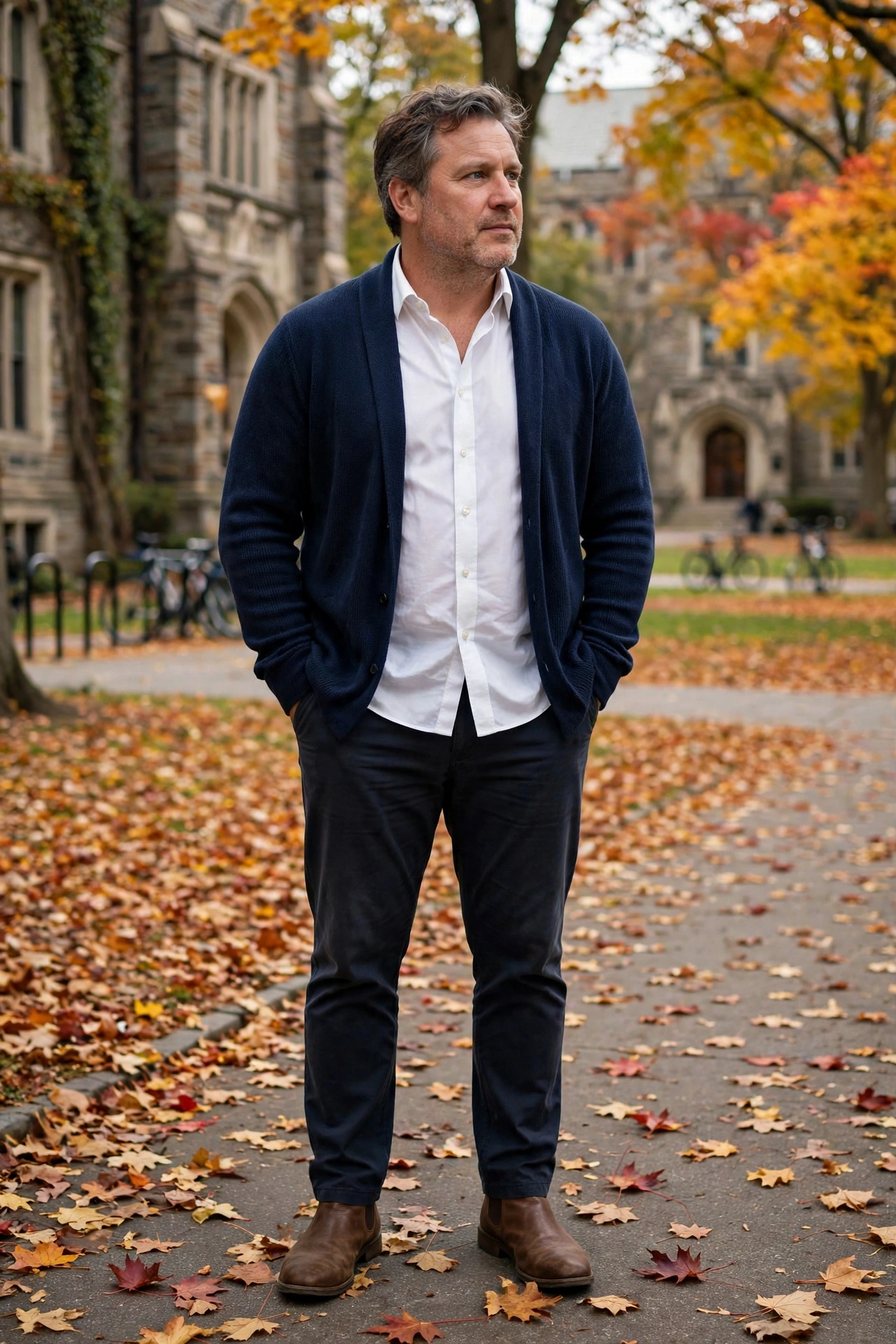 Chelsea boots with cardigan and chinos