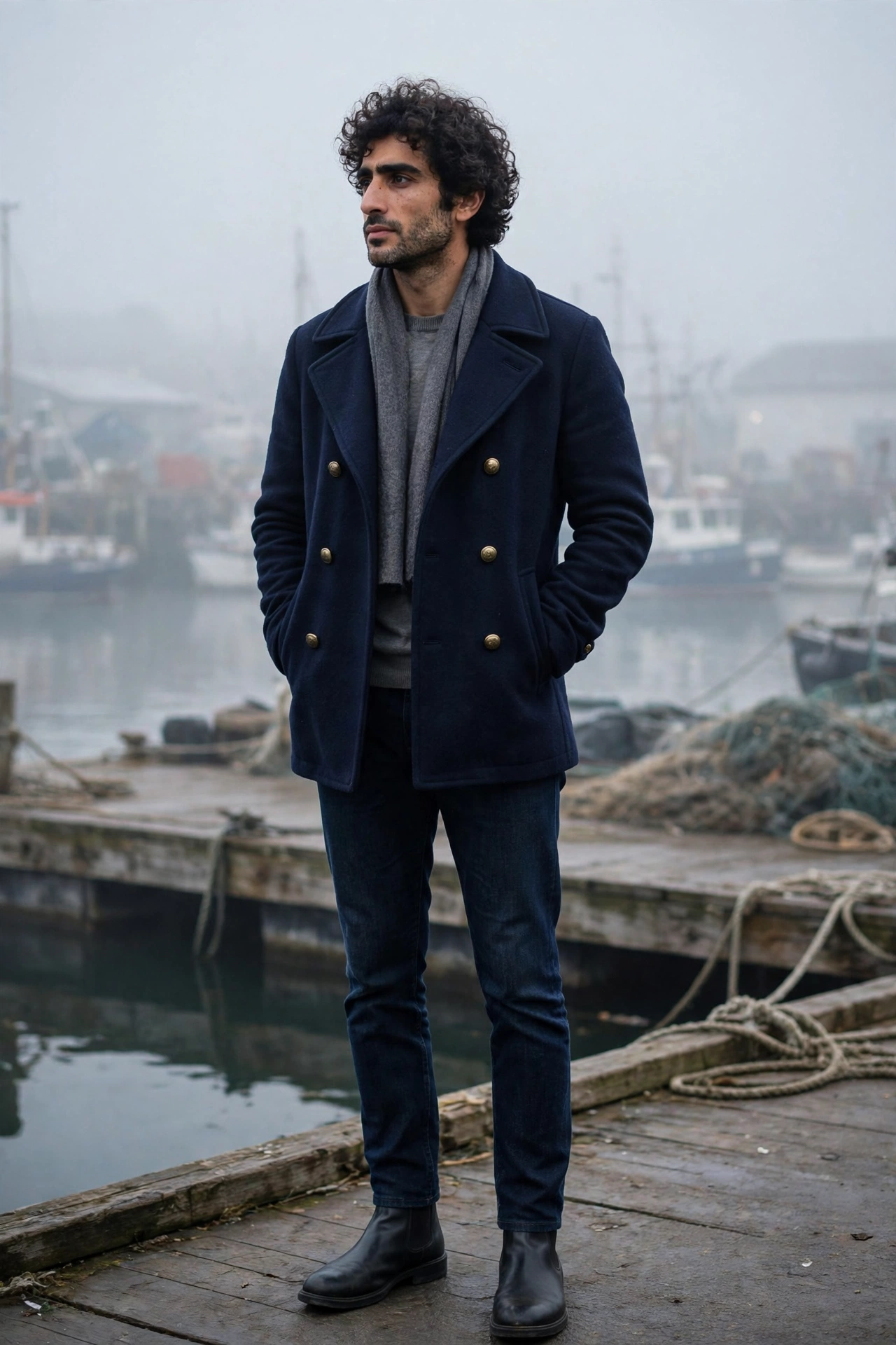 Chelsea boots with navy peacoat