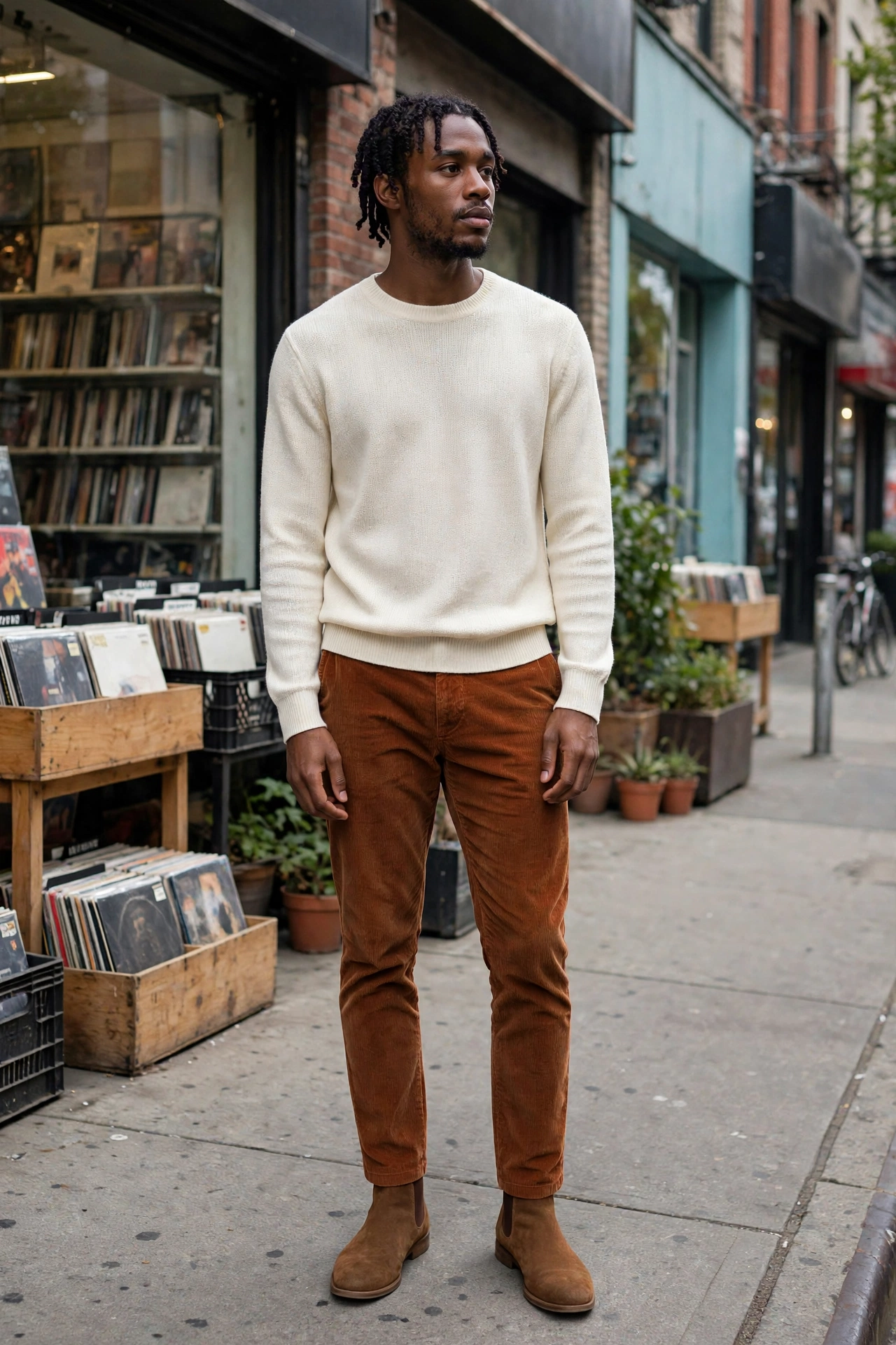 Chelsea boots with rust corduroy trousers