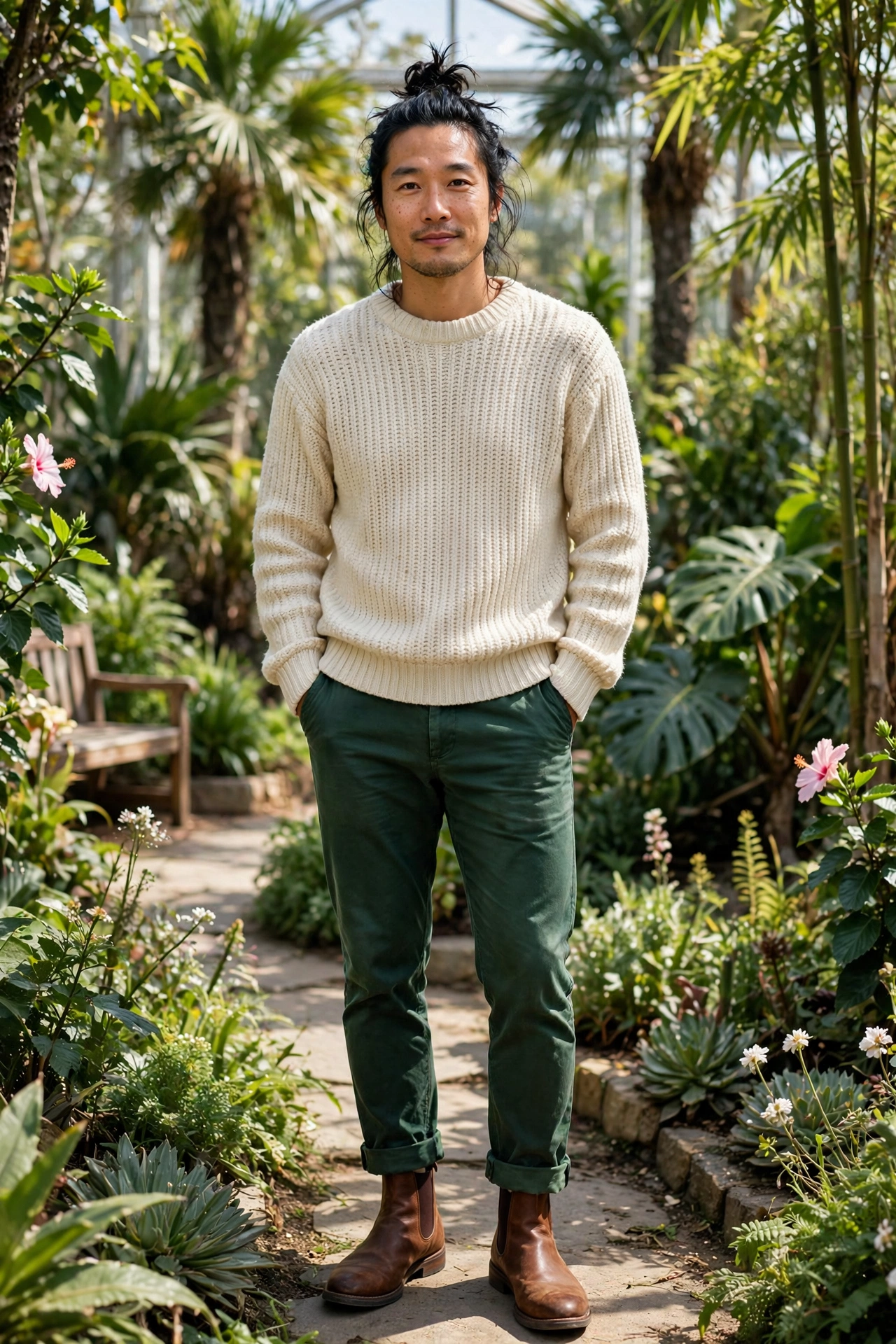 Chelsea boots with dark green chinos