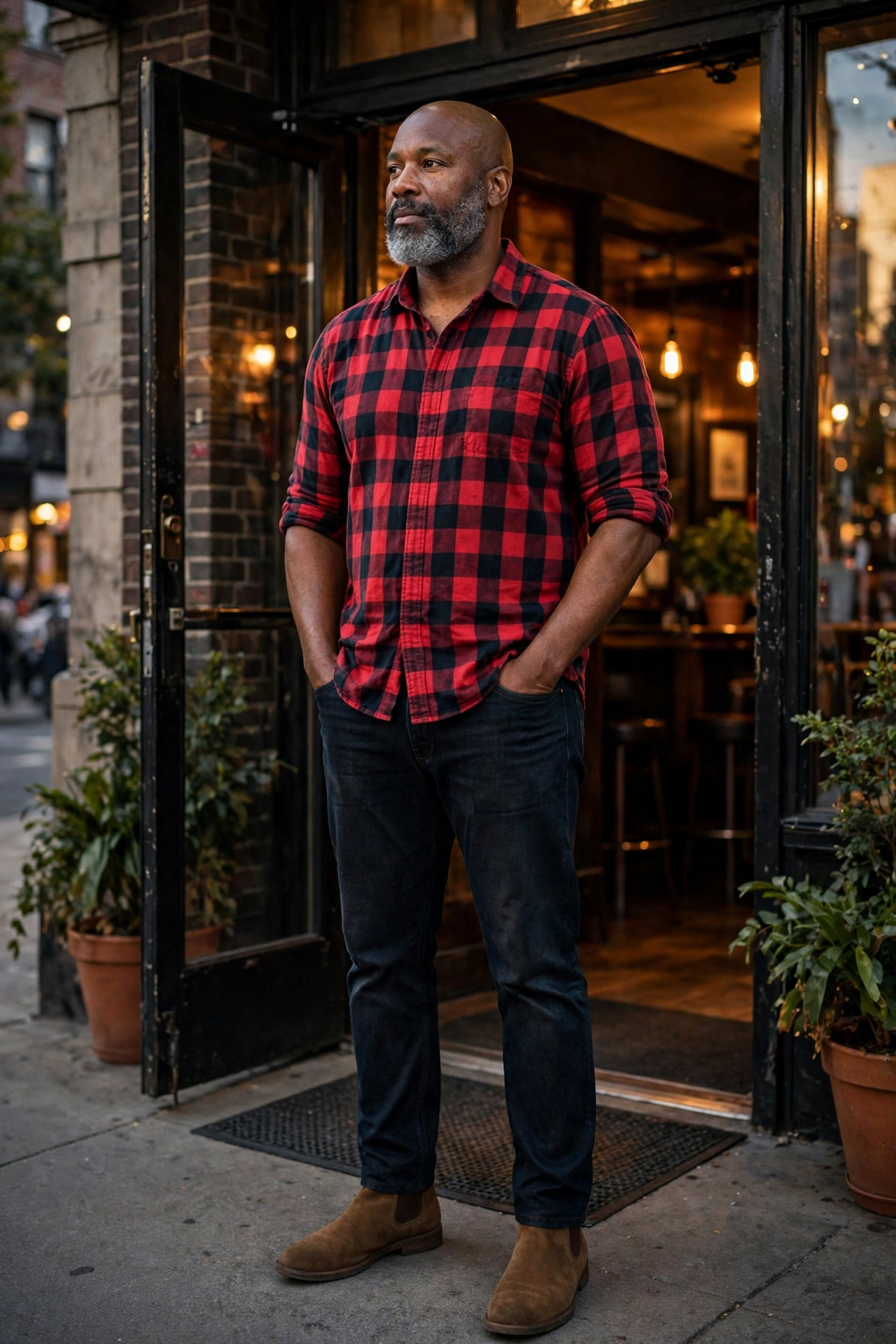 Chelsea boots with flannel shirt