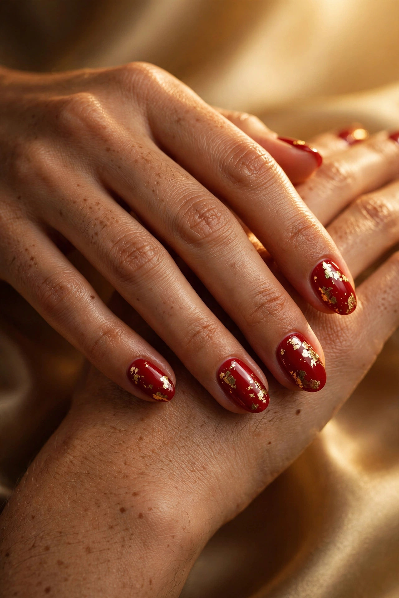 Cherry nails with gold accents