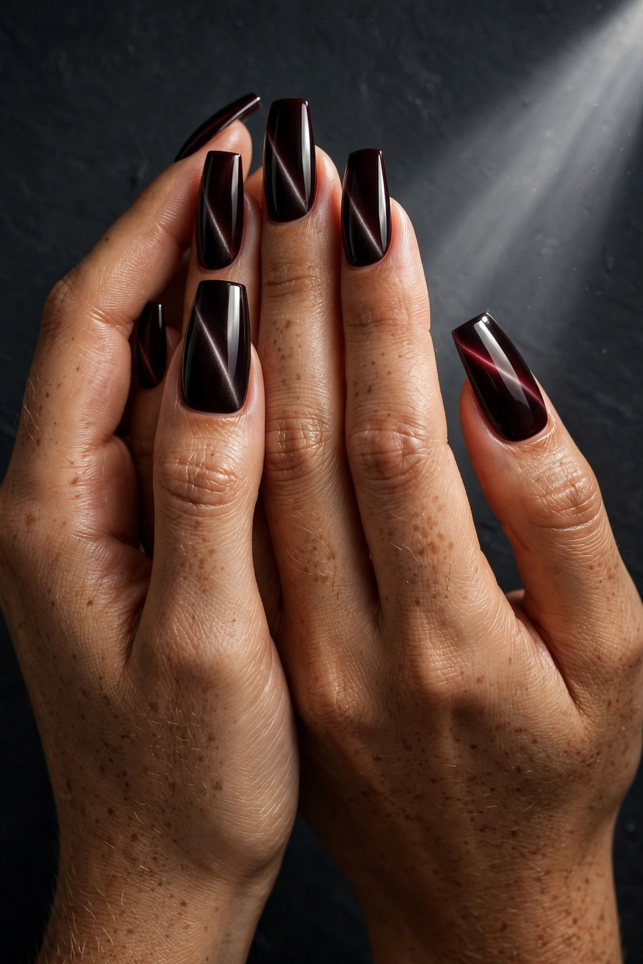 Black cherry cat-eye magnetic nails