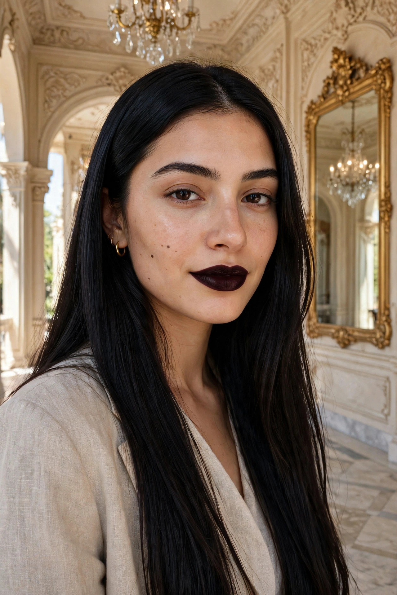 Matte dark lip with minimal eye makeup