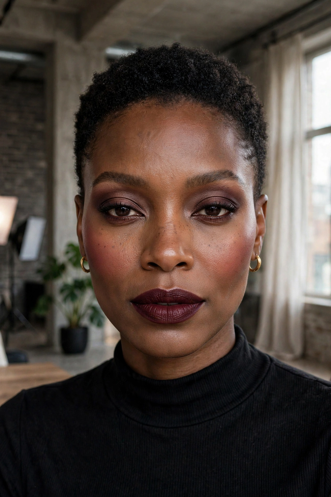 Bordeaux monochrome makeup on eyes cheeks and lips