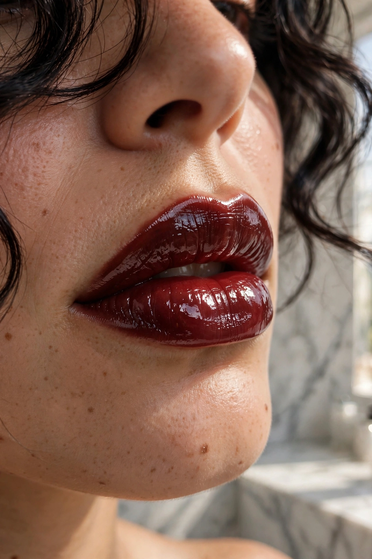 Dark cherry glossy lips