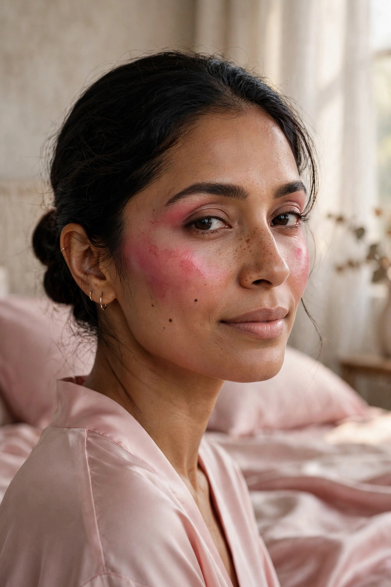 Berry blush draped across cheeks