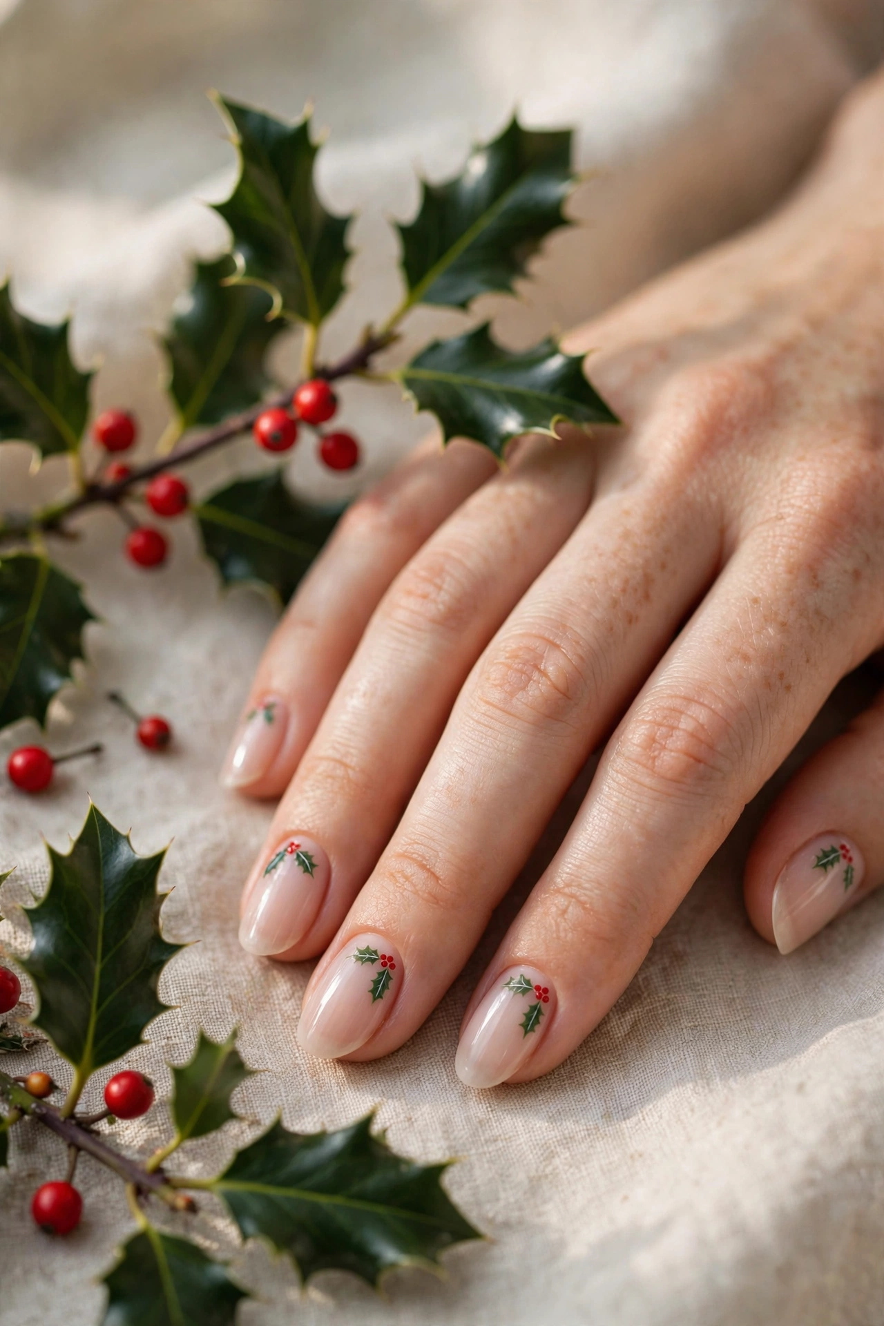 Holly berry art on nude nails