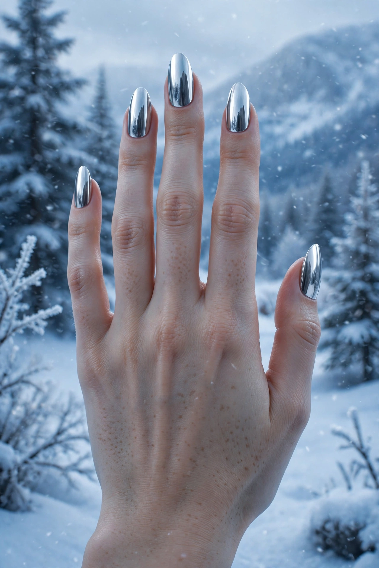 Silver chrome mirror nails in snow
